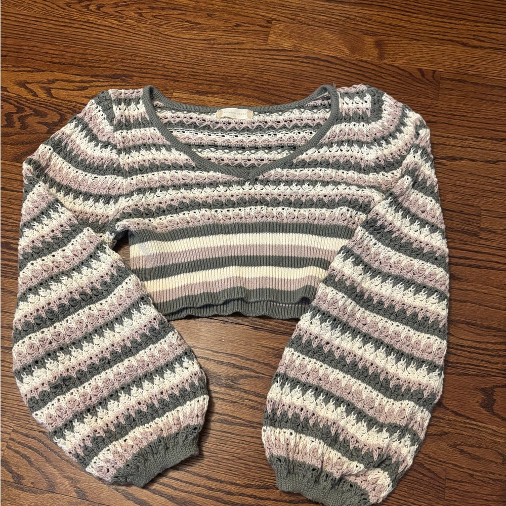 Striped Crochet Crop Sweater in Green, Pink & Cream